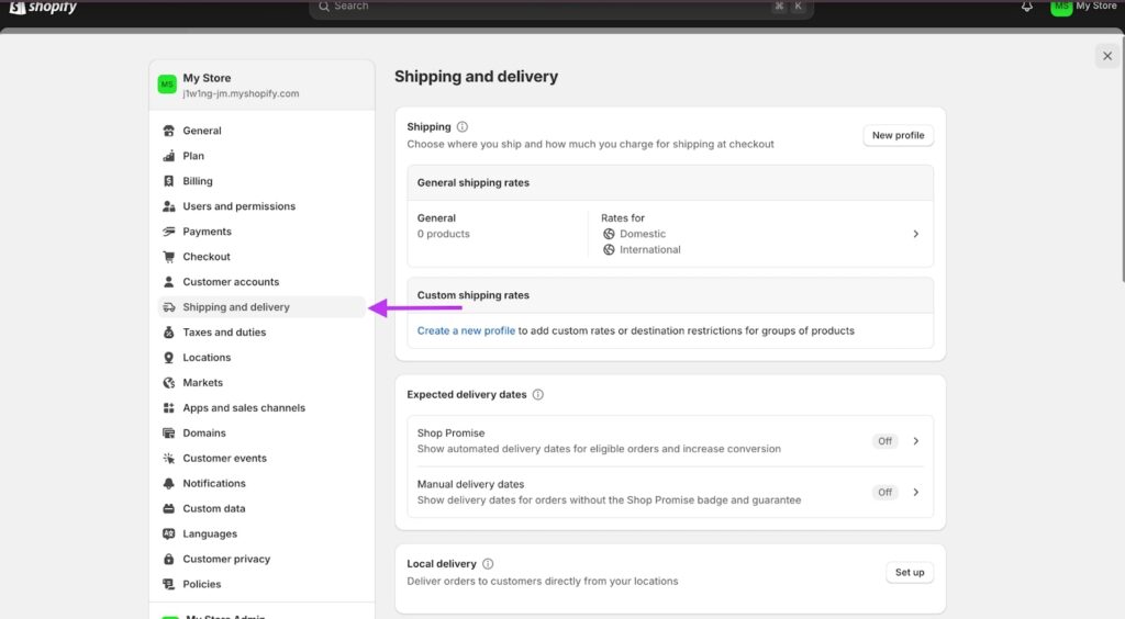 Open Shipping and Delivery on the settings page