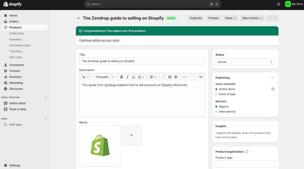 you’ve added your first Shopify product